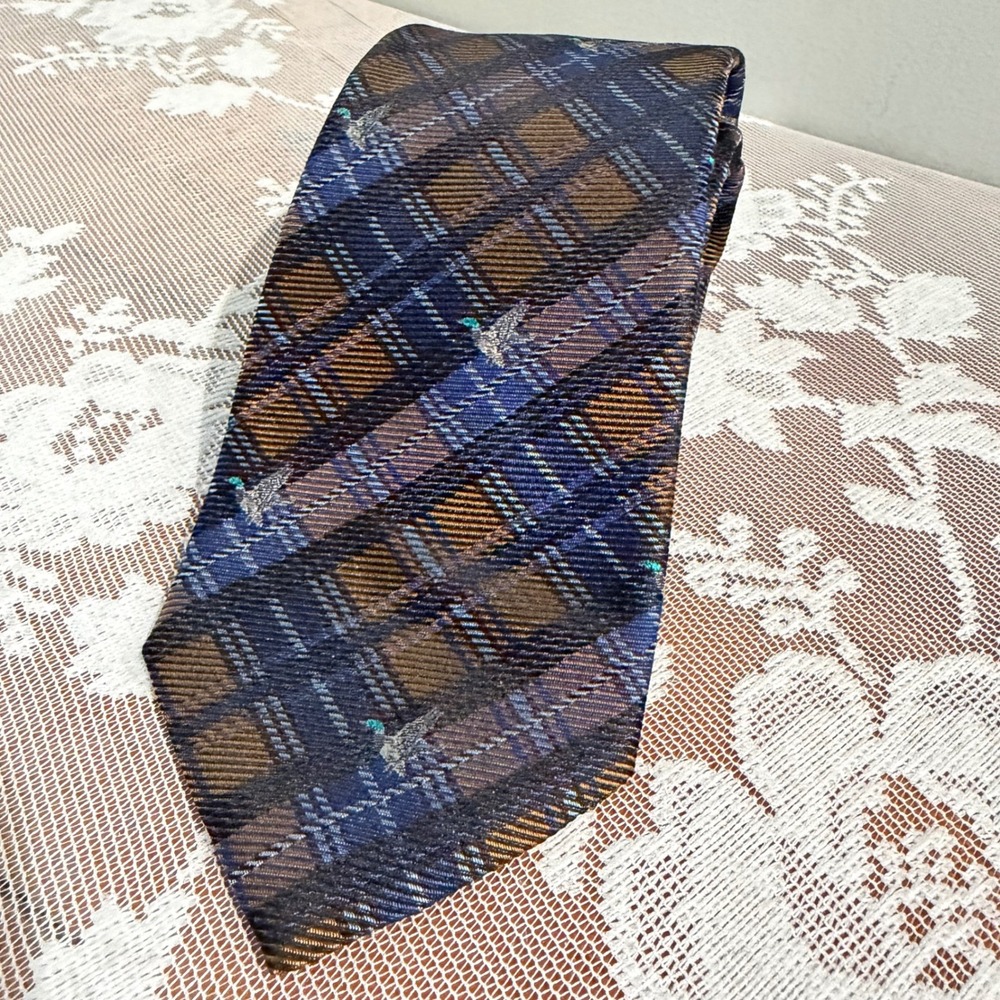 Cremieux Silk Tie Mens OS Blue Brown Plaid Mallard Duck Hunting Excellent Woven